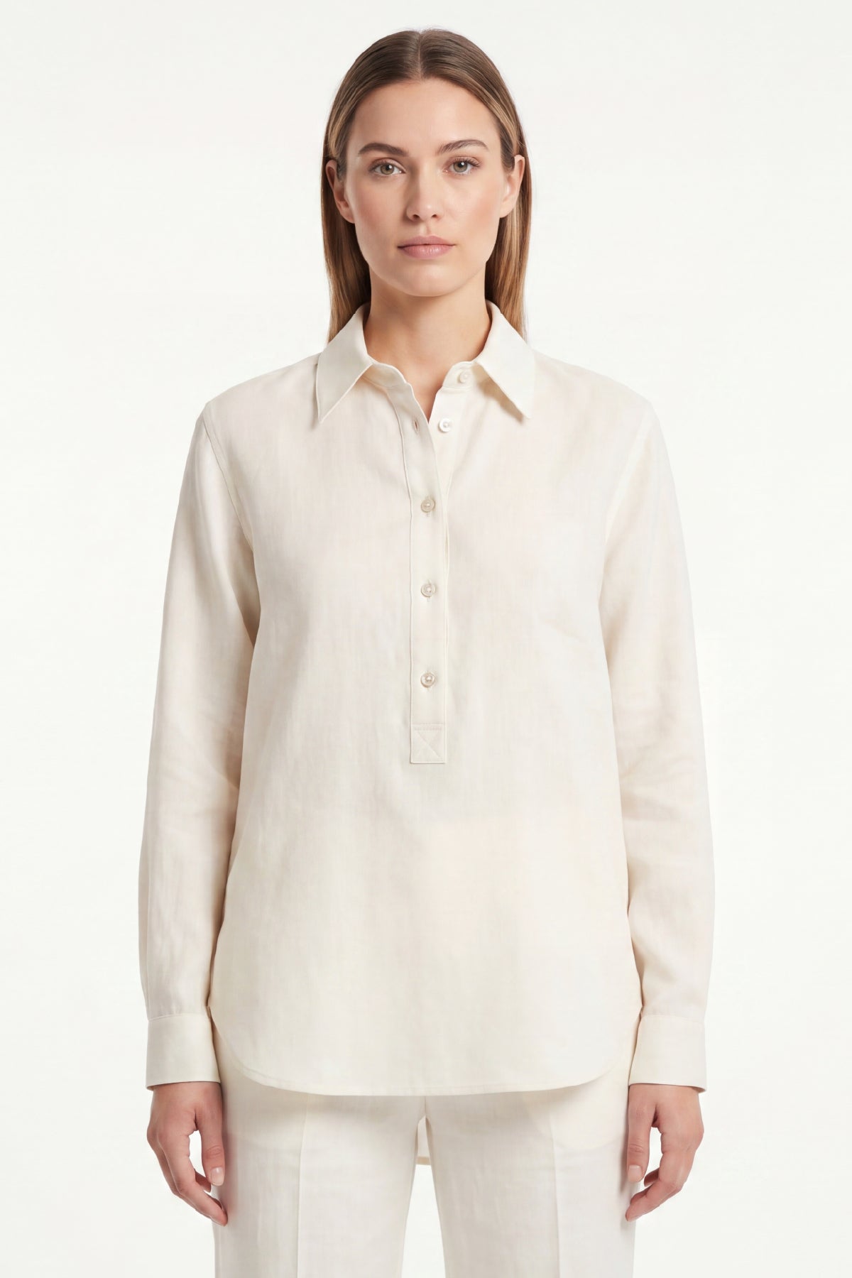 Kadın Solo %100 Doğal Keten Gömlek - Klasik Yaka Basic Minimalist Tasarım Ekru W208-K0401-01
