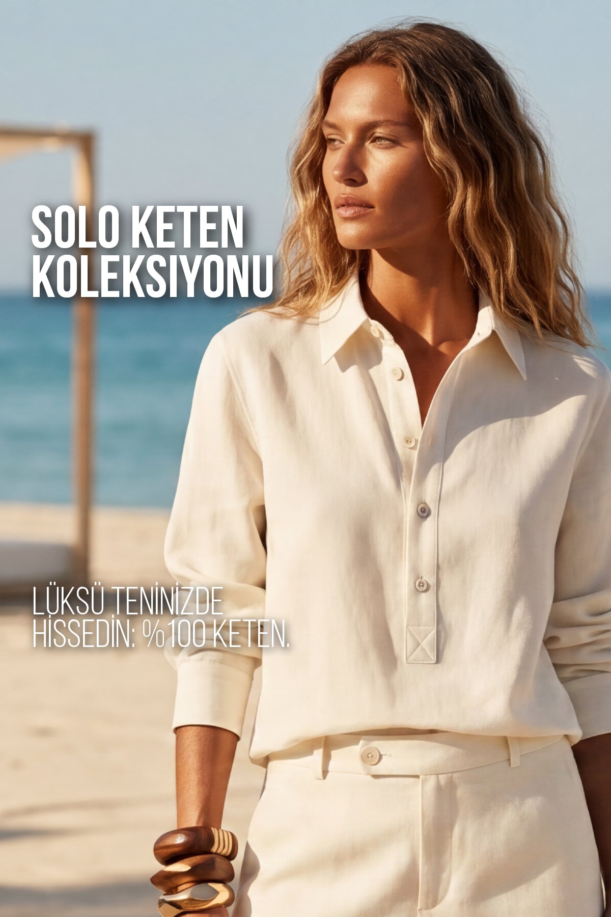 Kadın Solo %100 Doğal Keten Gömlek - Klasik Yaka Basic Minimalist Tasarım Ekru W208-K0401-01