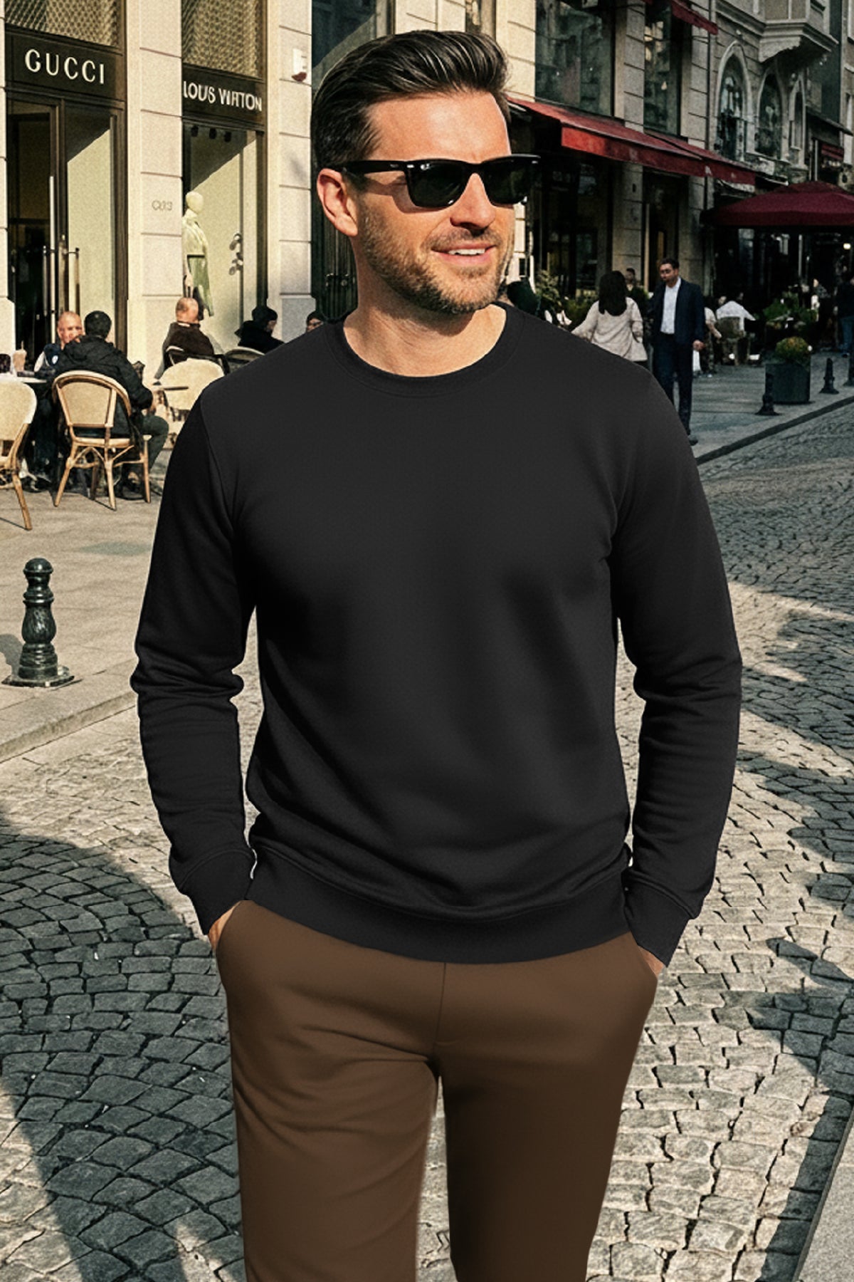 Herren Focus Flexibler Stoff Weiche Textur Alltagssweatshirt Schwarz M401-R0342-06