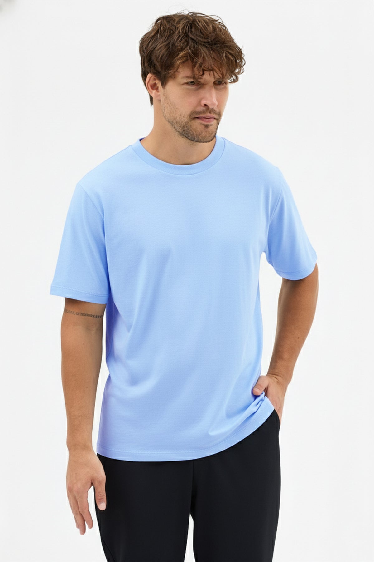 Erkek Vision Premium Kalite Yoğun Dokulu Pamuklu T-Shirt Açık Mavi M101-R0220-08