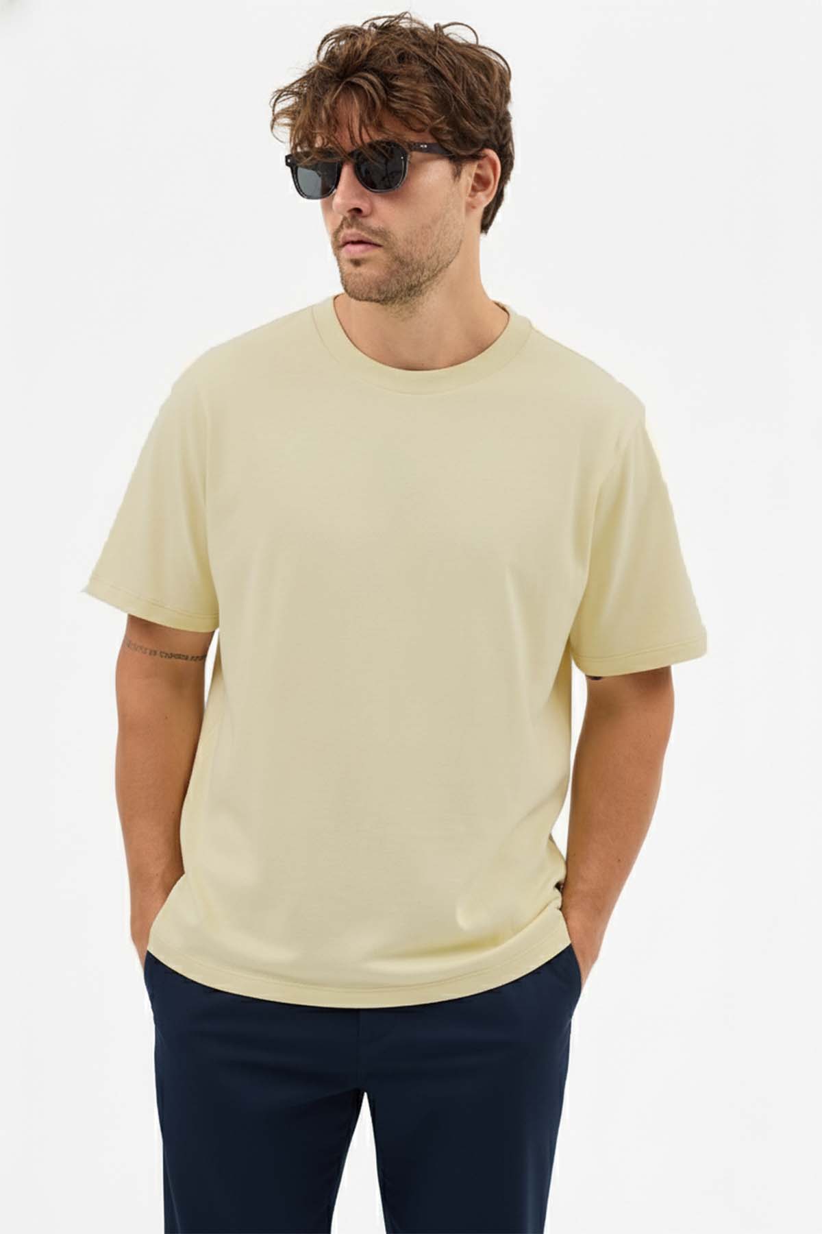 Erkek Vision Premium Kalite Yoğun Dokulu Pamuklu T-Shirt Açık Sarı M101-R0220-03