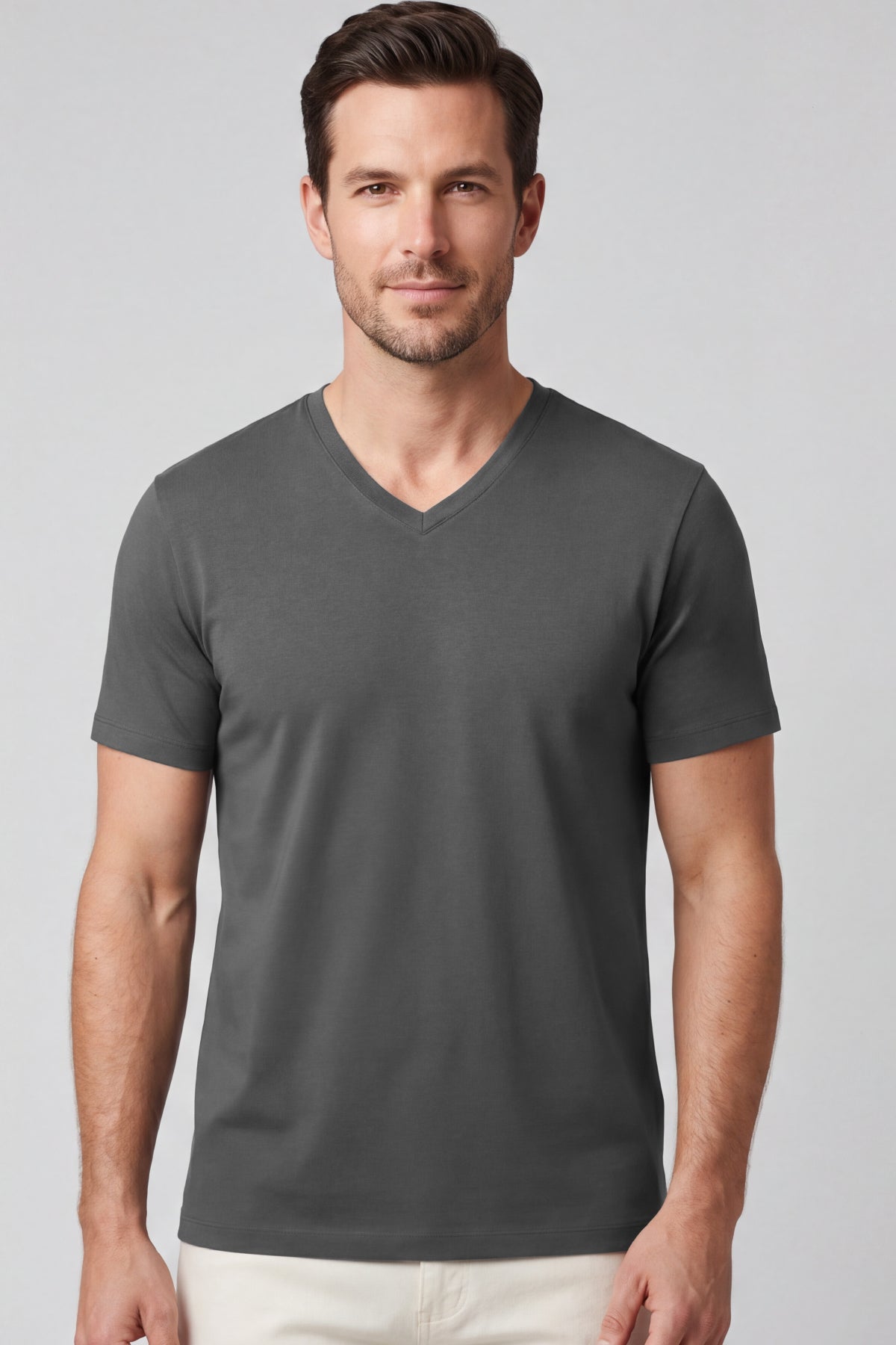 Erkek Vision V Yaka Premium Kalite Yoğun Dokulu Pamuklu T-Shirt Koyu Gri M102-R0220-05