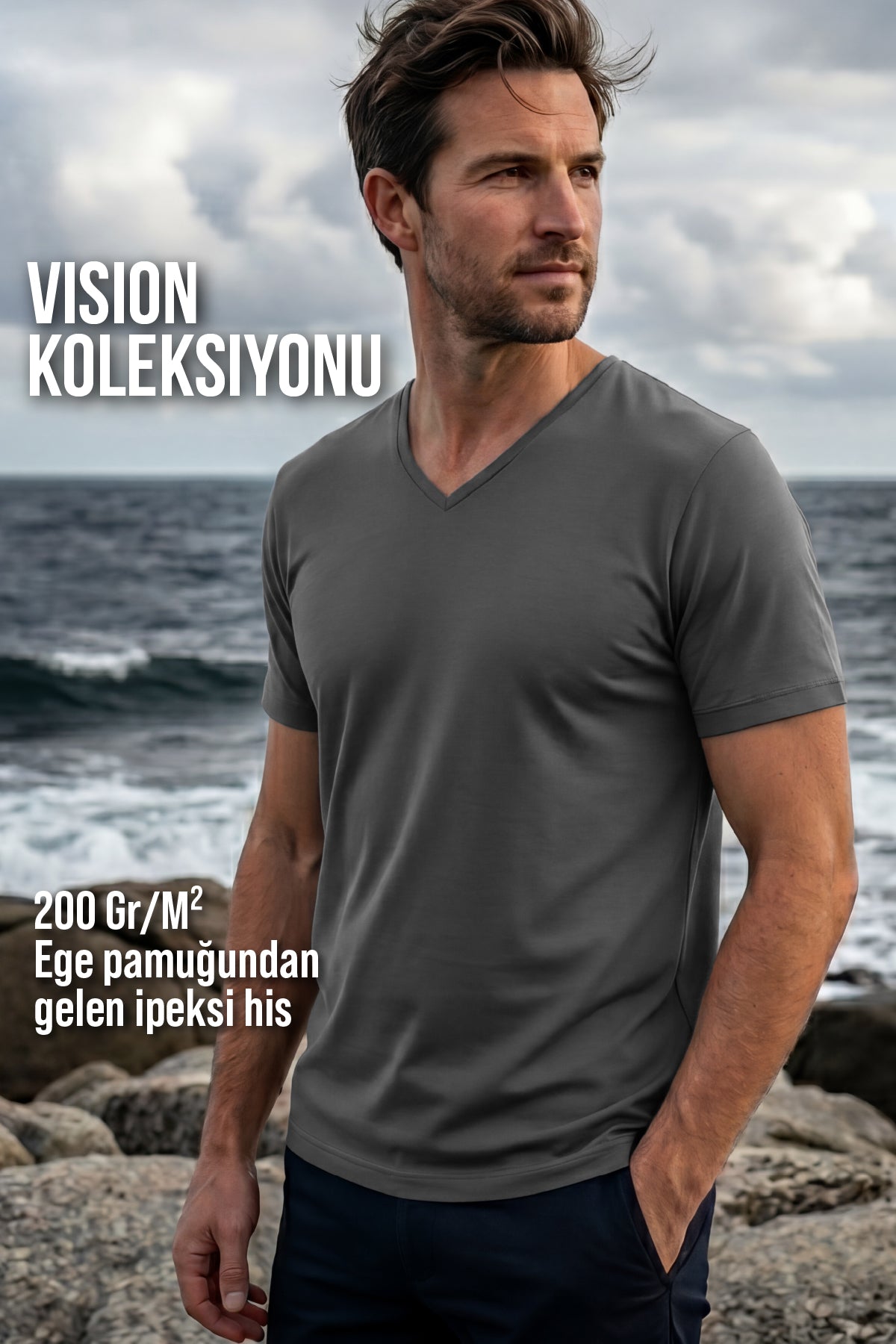 Erkek Vision V Yaka Premium Kalite Yoğun Dokulu Pamuklu T-Shirt Koyu Gri M102-R0220-05