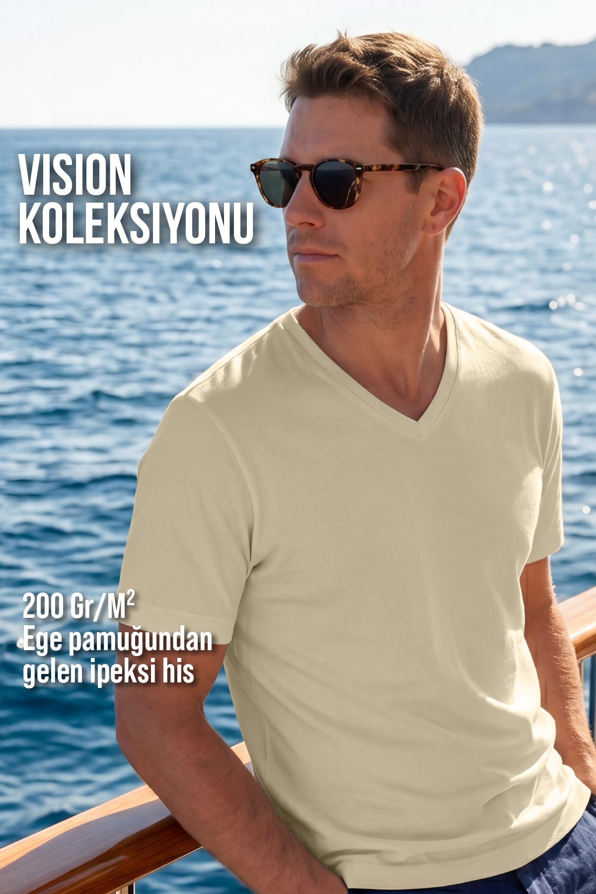 Erkek Vision V Yaka Premium Kalite Yoğun Dokulu Pamuklu T-Shirt Sarı M102-R0220-03