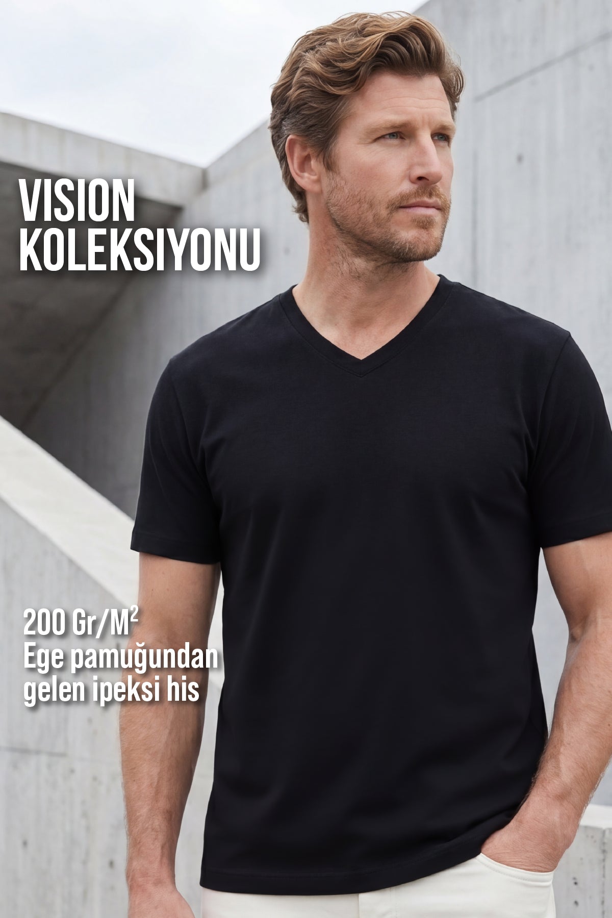 Erkek Vision V Yaka Premium Kalite Yoğun Dokulu Pamuklu T-Shirt Siyah M102-R0220-08
