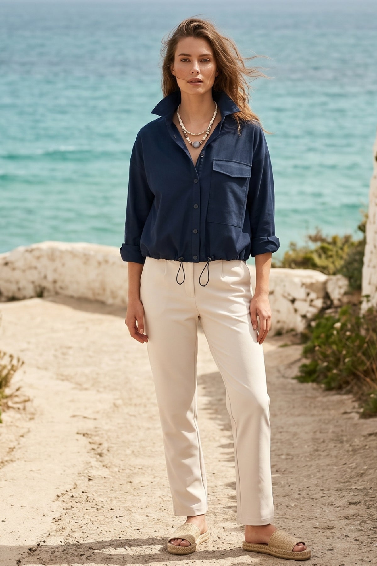 Damen-Hemd mit Druckknöpfen, verstellbarer Taille, schicker bequemer Schnitt, Marineblau W201-K0304-02