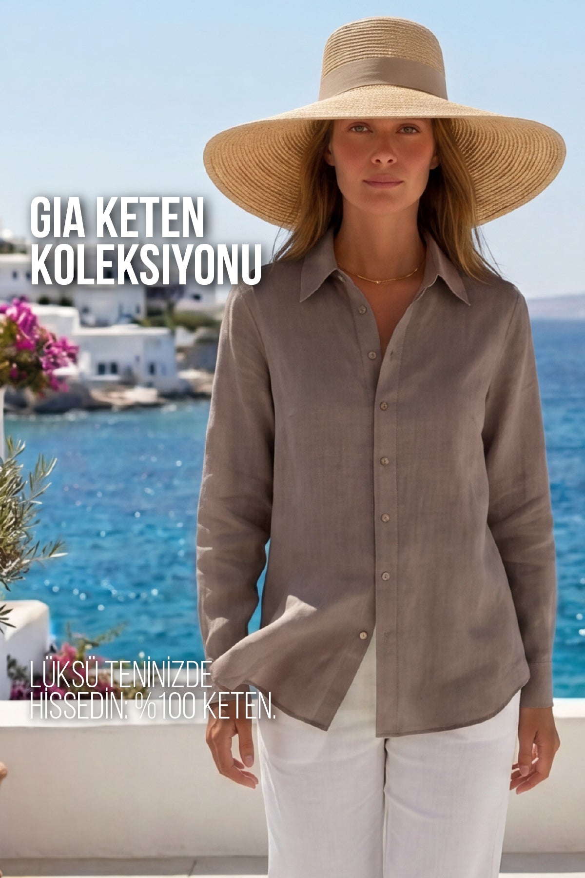 Kadın Gia %100 Doğal Keten Gömlek - Klasik Yaka Basic Minimalist Tasarım Kahverengi W207-K0401-02