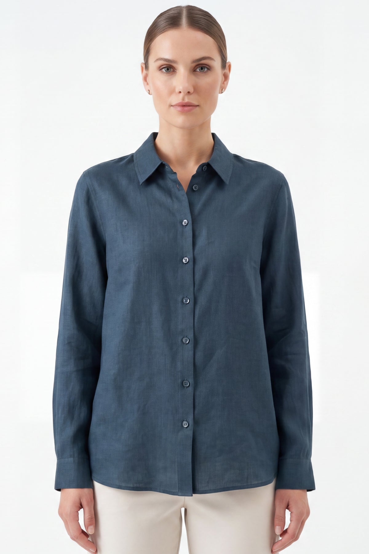 Kadın Gia %100 Doğal Keten Gömlek - Klasik Yaka Basic Minimalist Tasarım Lacivert W207-K0401-03
