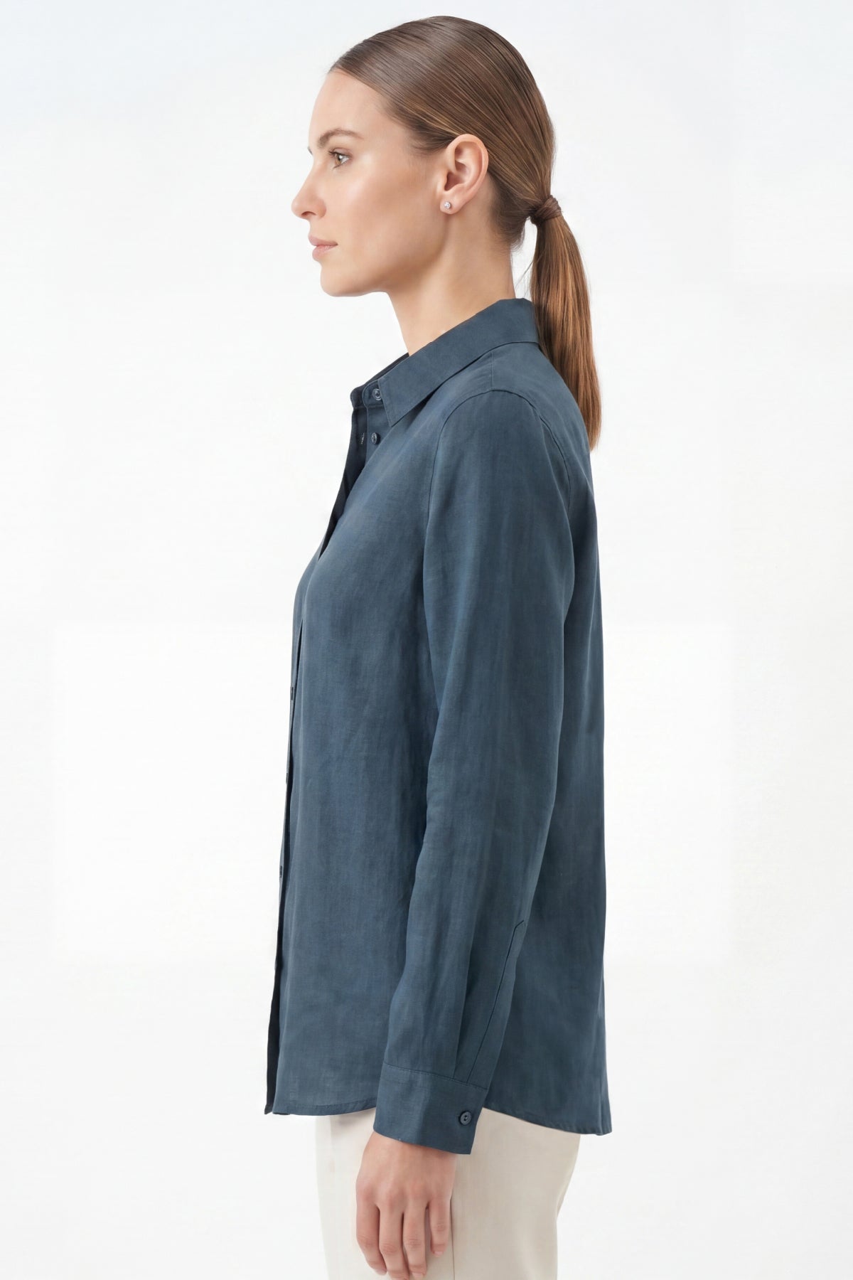 Kadın Gia %100 Doğal Keten Gömlek - Klasik Yaka Basic Minimalist Tasarım Lacivert W207-K0401-03