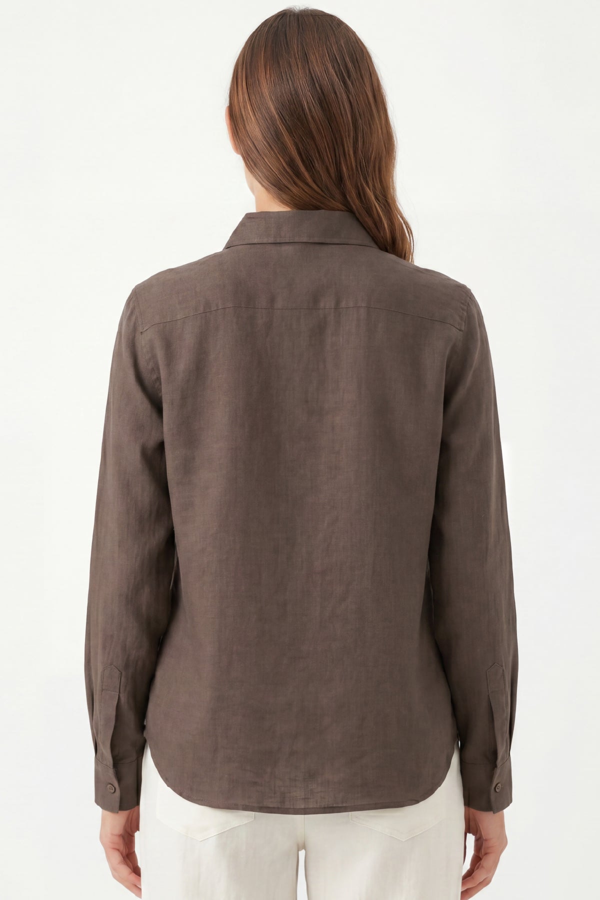Kadın Solo %100 Doğal Keten Gömlek - Klasik Yaka Basic Minimalist Tasarım Kahverengi W208-K0401-02