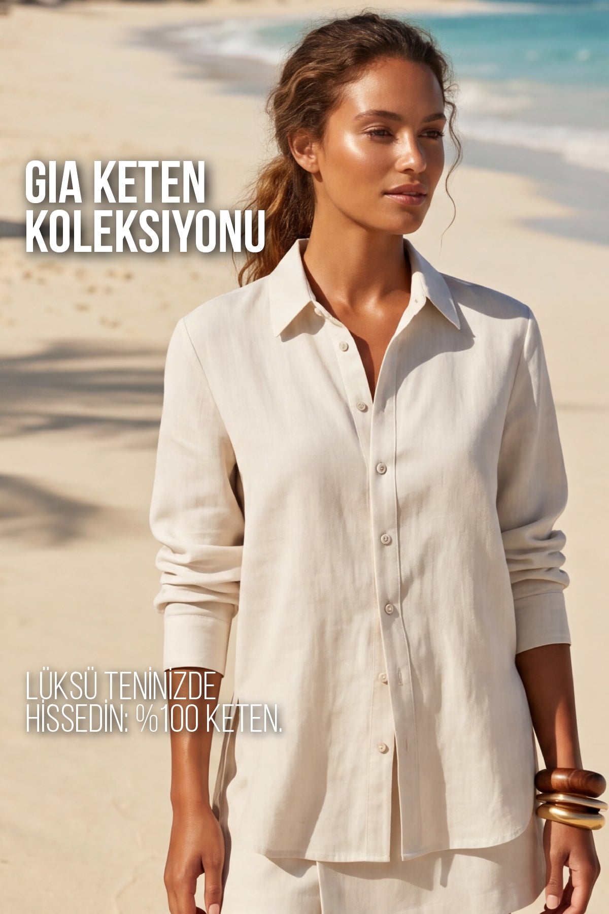 Kadın Gia %100 Doğal Keten Gömlek - Klasik Yaka Basic Minimalist Tasarım Ekru W207-K0401-01