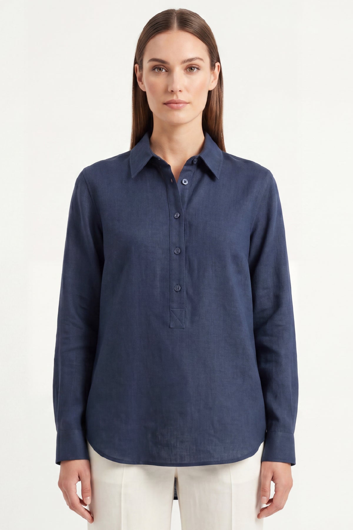 Kadın Solo %100 Doğal Keten Gömlek - Klasik Yaka Basic Minimalist Tasarım Lacivert W208-K0401-03