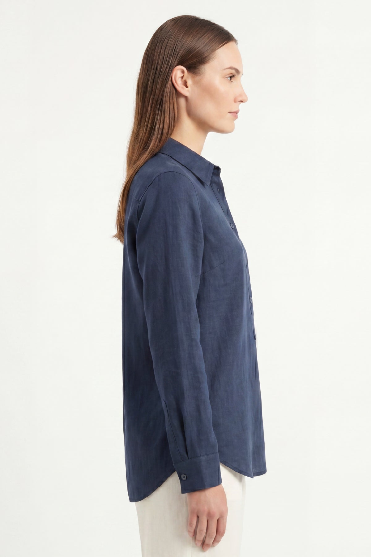 Kadın Solo %100 Doğal Keten Gömlek - Klasik Yaka Basic Minimalist Tasarım Lacivert W208-K0401-03