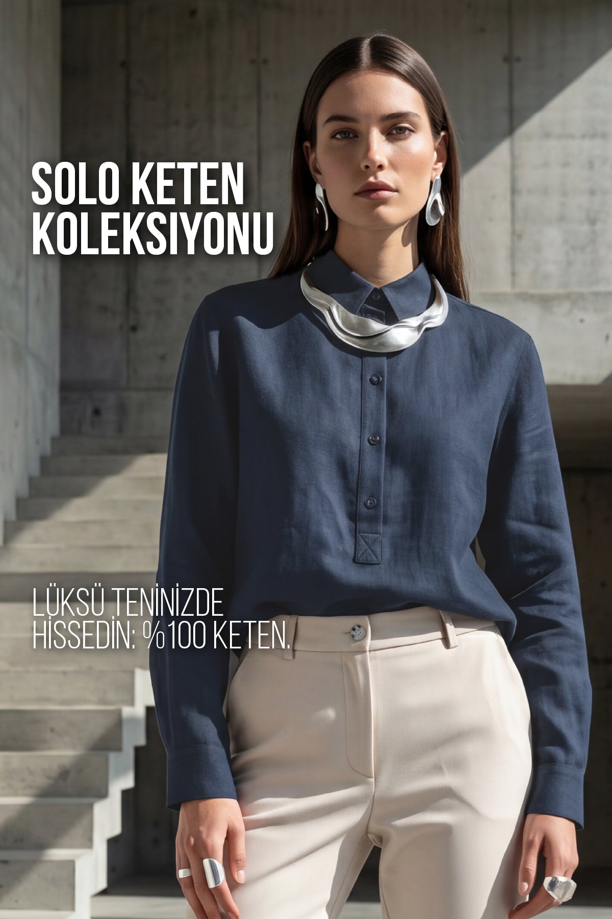 Kadın Solo %100 Doğal Keten Gömlek - Klasik Yaka Basic Minimalist Tasarım Lacivert W208-K0401-03