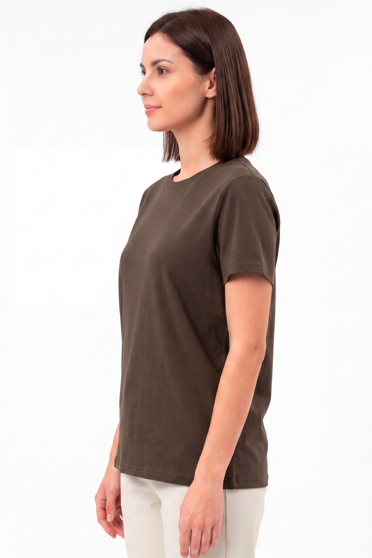 Kadın Vision Bisiklet Yaka Premium Kalite Yoğun Dokulu Pamuklu T-Shirt Kahverengi W101-R0220-06