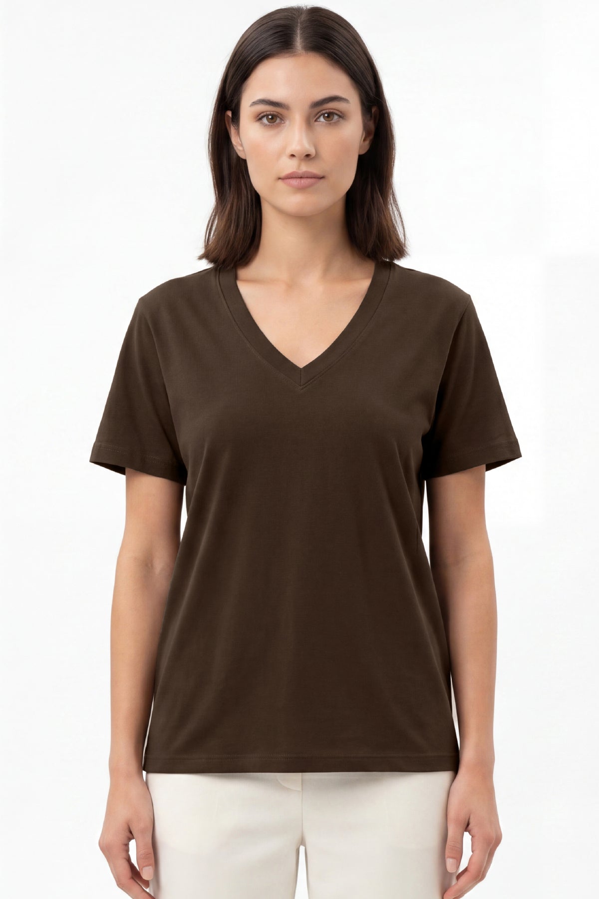 Kadın Vision V Yaka Premium Kalite Yoğun Dokulu Pamuklu T-Shirt Kahverengi W102-R0220-07