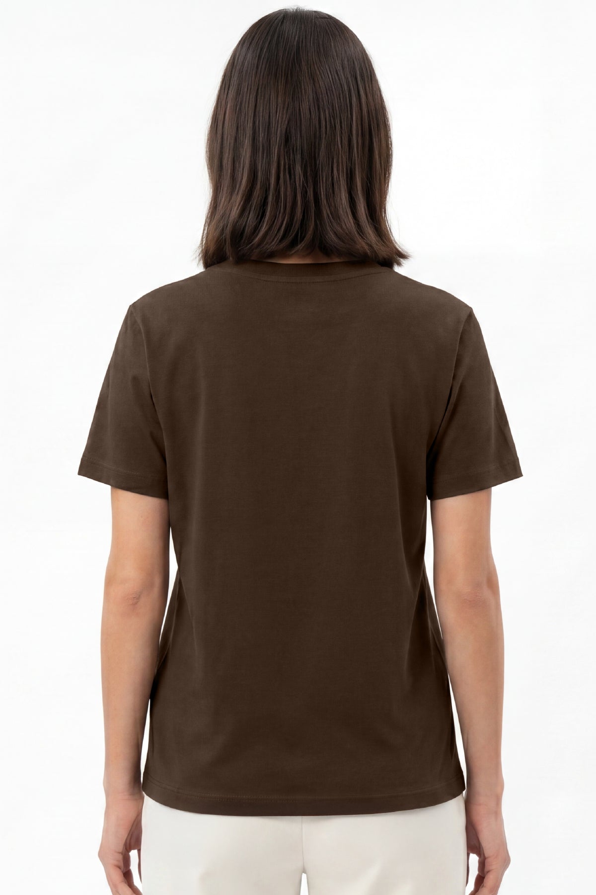 Kadın Vision V Yaka Premium Kalite Yoğun Dokulu Pamuklu T-Shirt Kahverengi W102-R0220-07