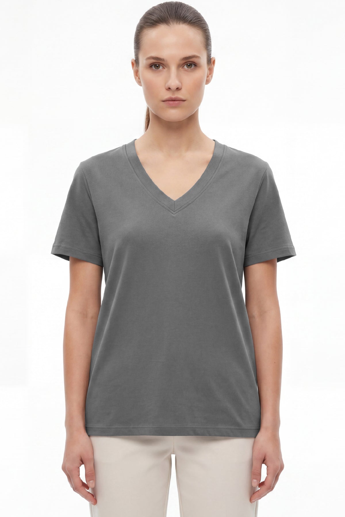 Kadın Vision V Yaka Premium Kalite Yoğun Dokulu Pamuklu T-Shirt Koyu Gri W102-R0220-05
