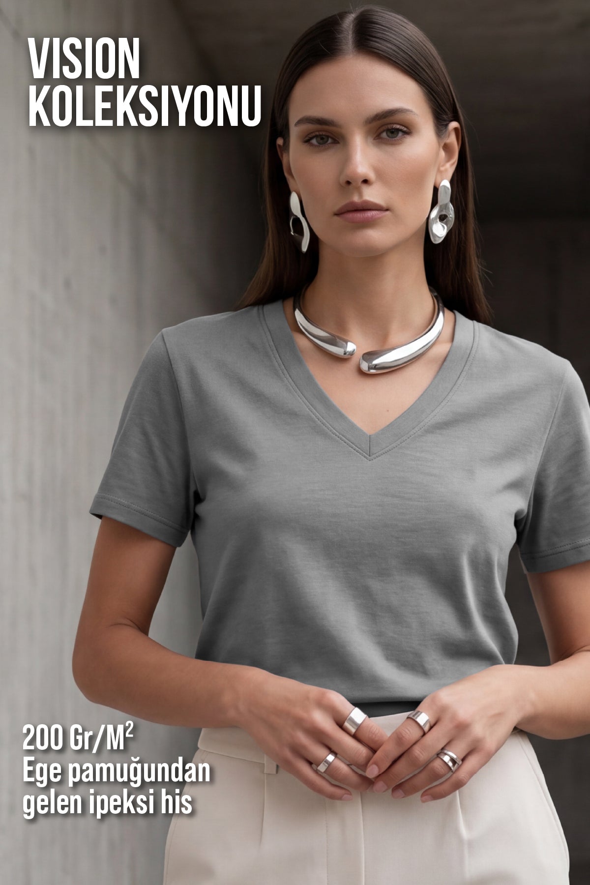 Kadın Vision V Yaka Premium Kalite Yoğun Dokulu Pamuklu T-Shirt Koyu Gri W102-R0220-05