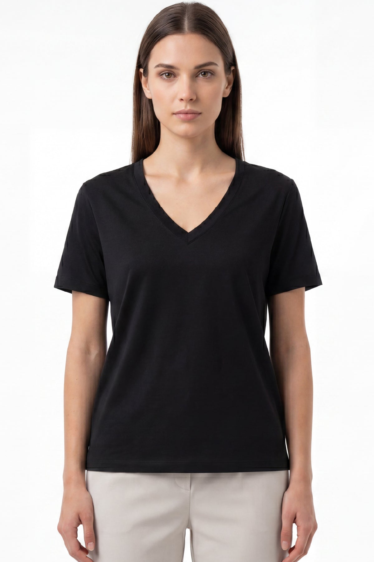 Kadın Vision V Yaka Premium Kalite Yoğun Dokulu Pamuklu T-Shirt Siyah W102-R0220-09