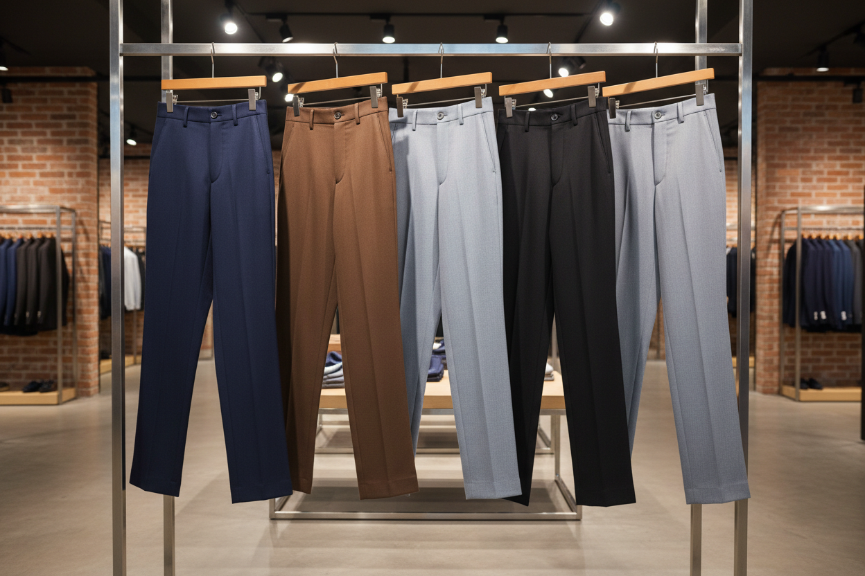 askıda katlanmış ve asıl halde olsun. pantolonlar açık olmasın