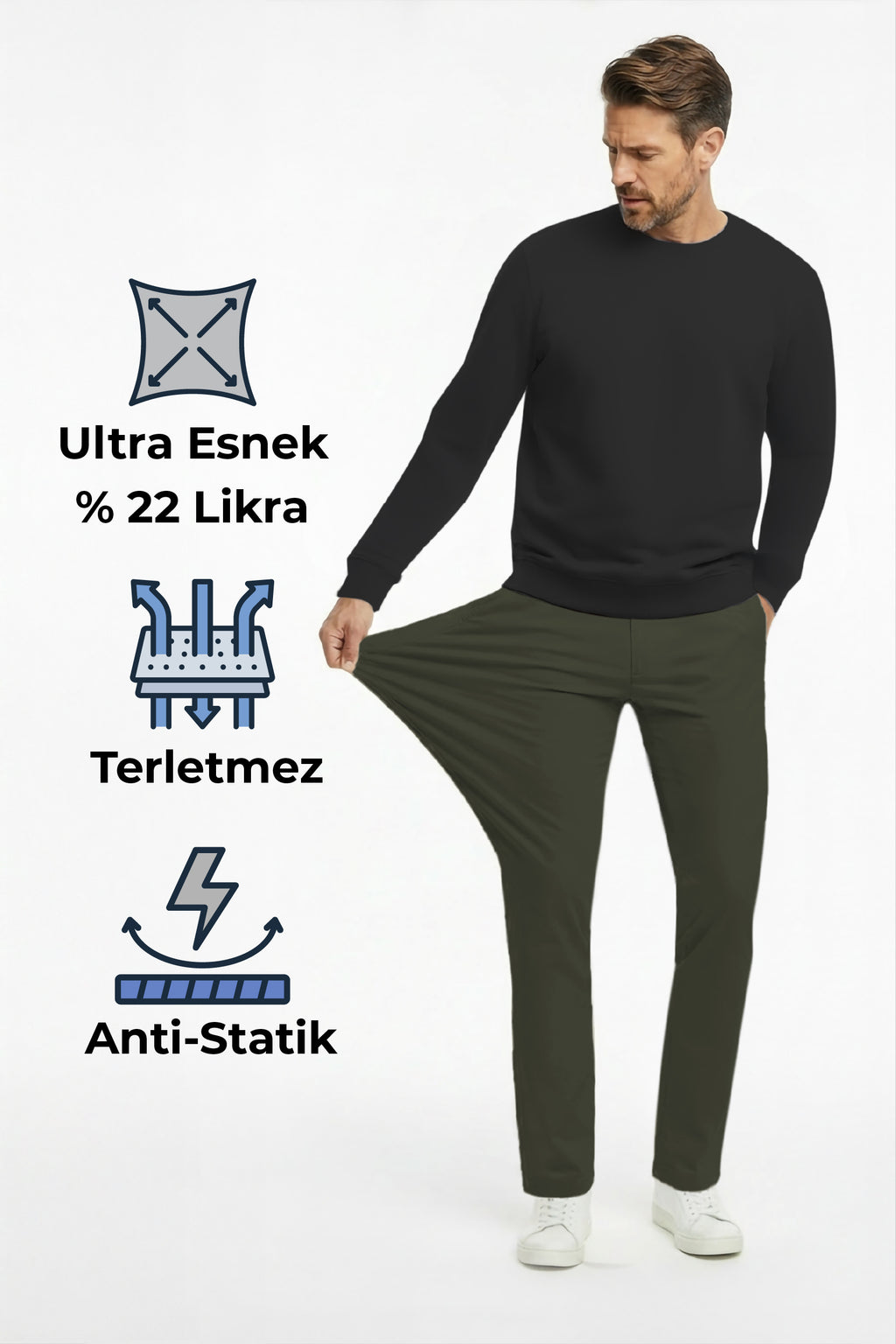 Erkek Flexon Ultra Esnek Relaxed Beli Lastikli Jogger Pantolon Haki M702-R0433-04