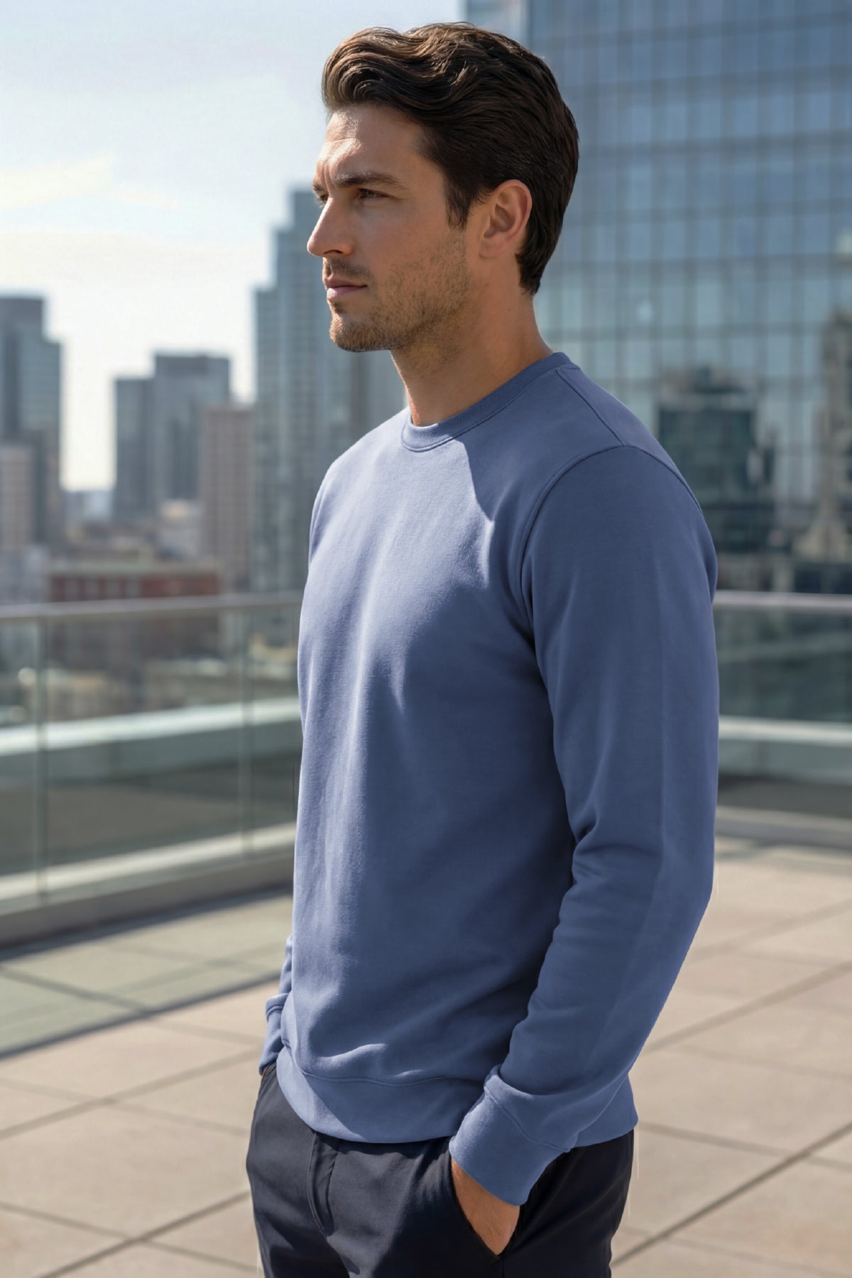 Erkek Focus Esnek Kumaş Yumuşak Dokulu Günlük Sweatshirt Mavi M401-R0342-03