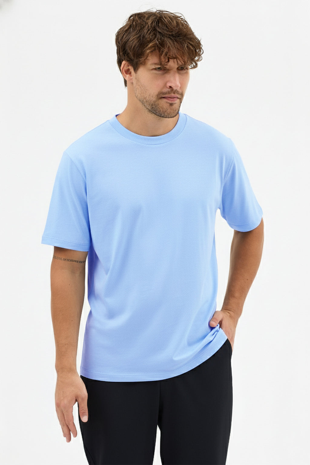 Erkek Premium Kalite Yoğun Dokulu Pamuklu T-Shirt Açık Mavi M101-R0220-08