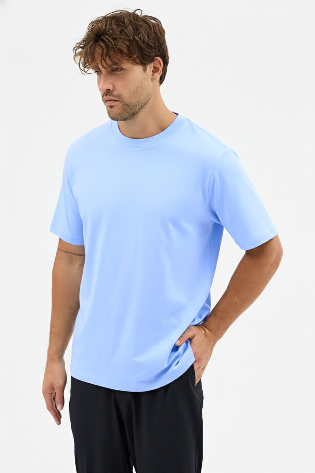 Erkek Premium Kalite Yoğun Dokulu Pamuklu T-Shirt Açık Mavi M101-R0220-08