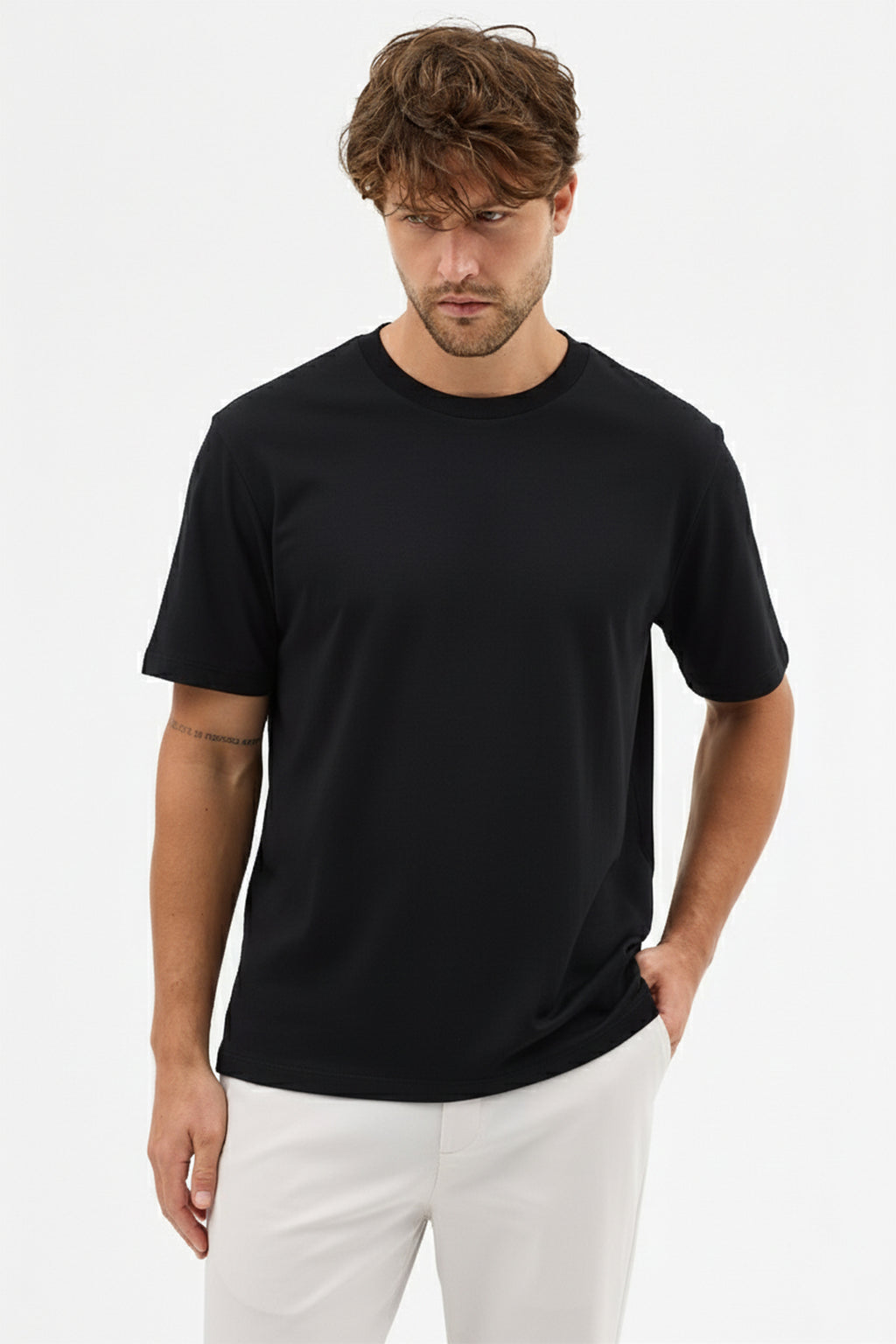 Erkek Premium Kalite Yoğun Dokulu Pamuklu T-Shirt Siyah M101-R0220-02