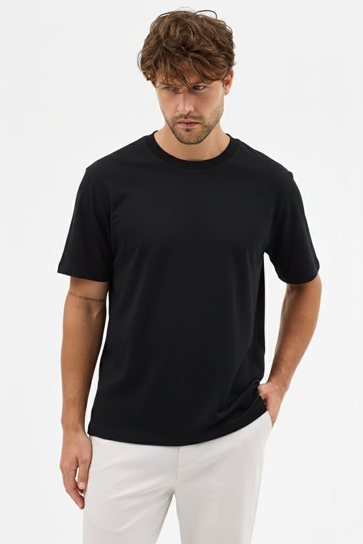 Erkek Premium Kalite Yoğun Dokulu Pamuklu T-Shirt Siyah M101-R0220-02