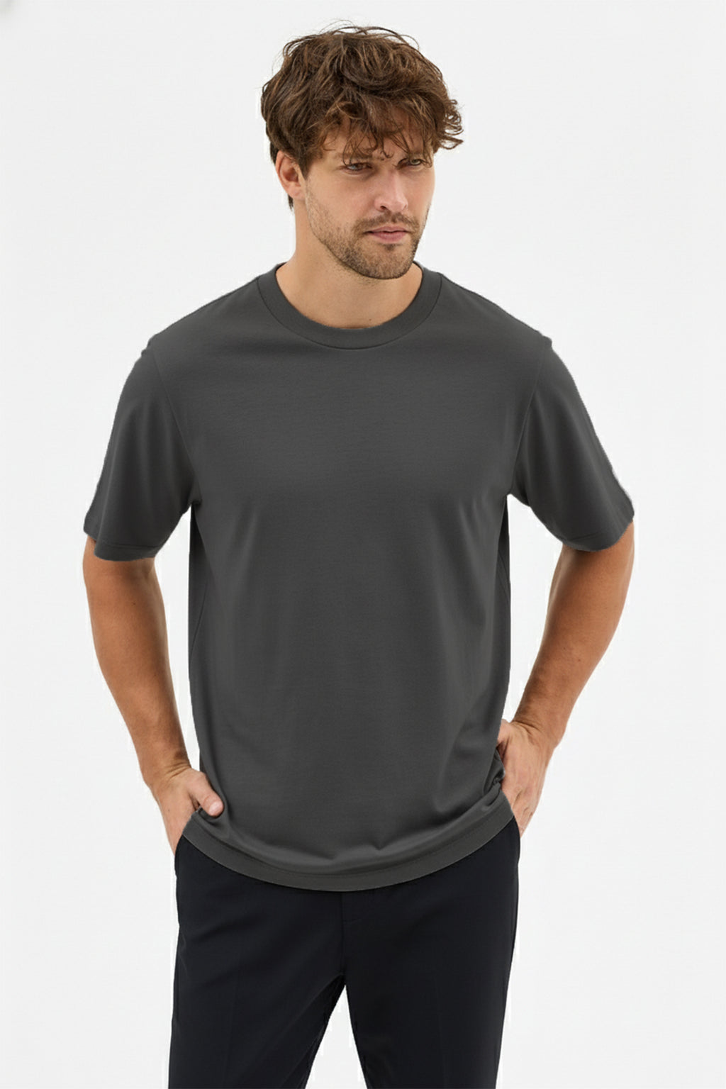 Erkek Premium Kalite Yoğun Dokulu Pamuklu T-Shirt Koyu Gri M101-R0220-04