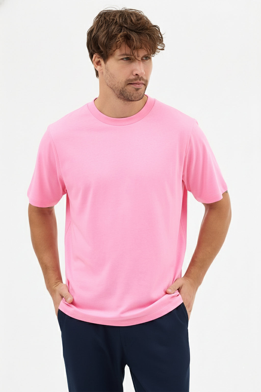 Erkek Premium Kalite Yoğun Dokulu Pamuklu T-Shirt Pembe M101-R0220-06