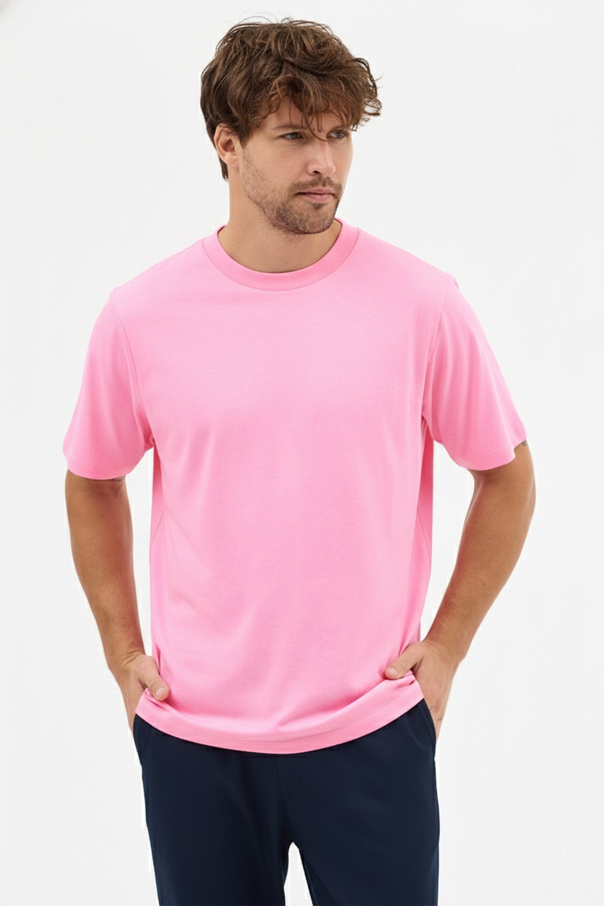 Erkek Premium Kalite Yoğun Dokulu Pamuklu T-Shirt Pembe M101-R0220-06