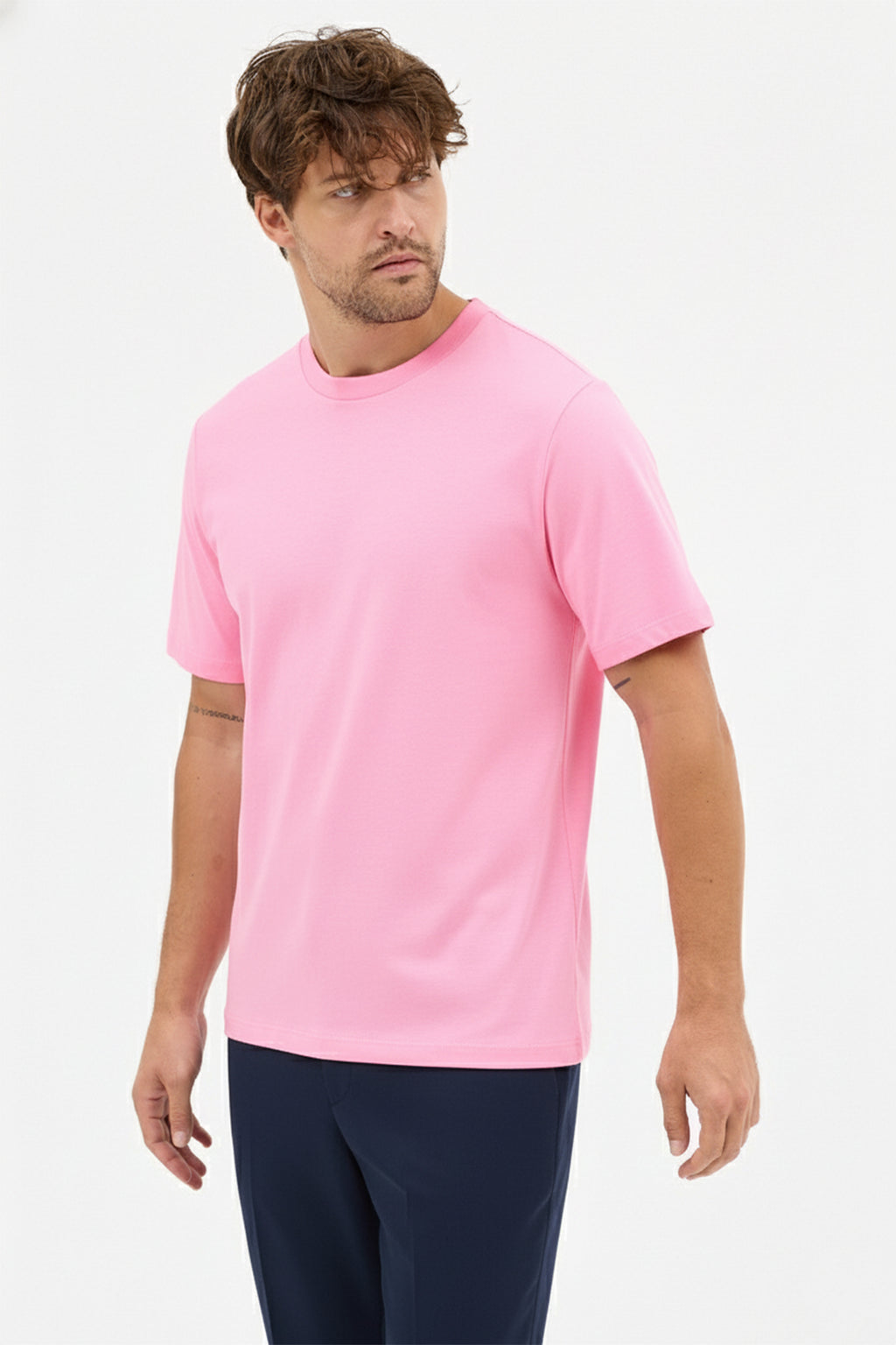 Erkek Premium Kalite Yoğun Dokulu Pamuklu T-Shirt Pembe M101-R0220-06