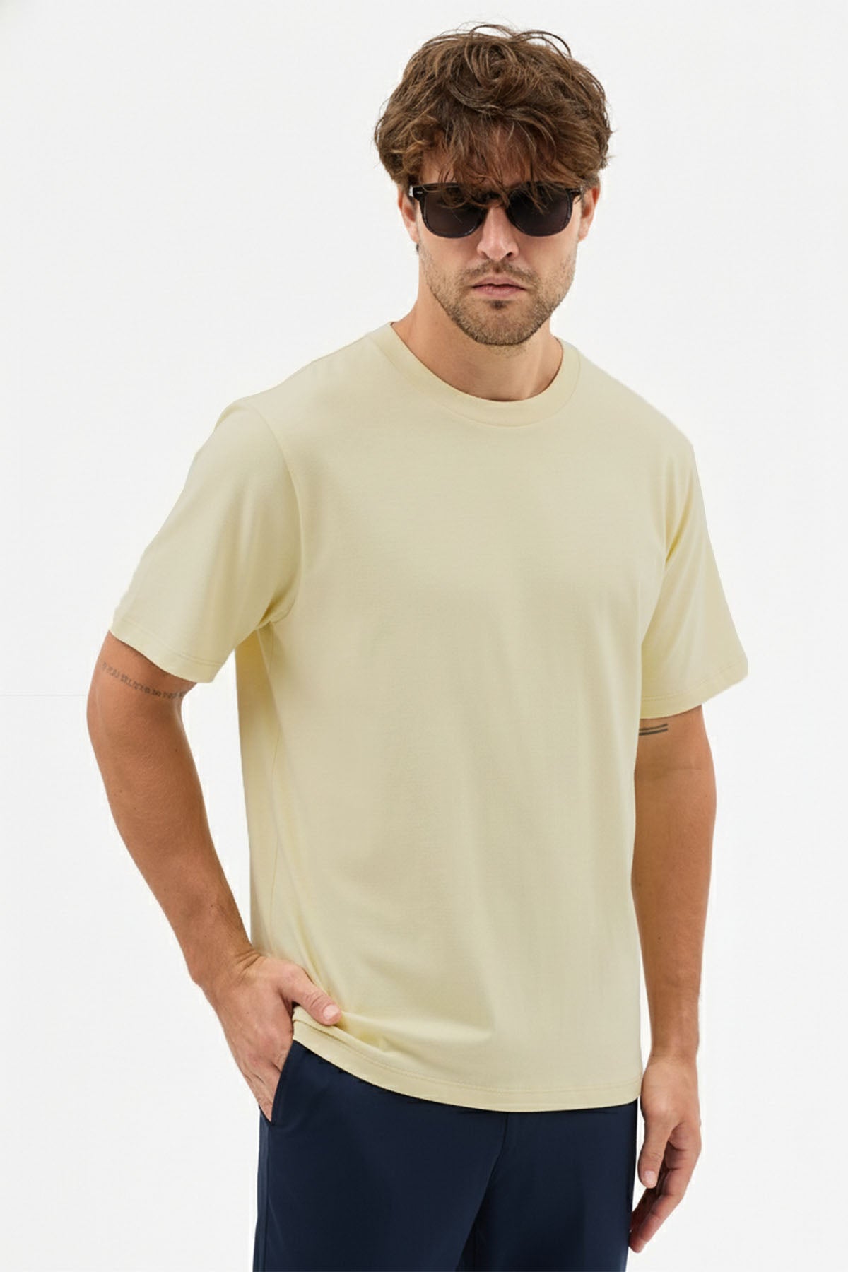 Erkek Premium Kalite Yoğun Dokulu Pamuklu T-Shirt Açık Sarı M101-R0220-03