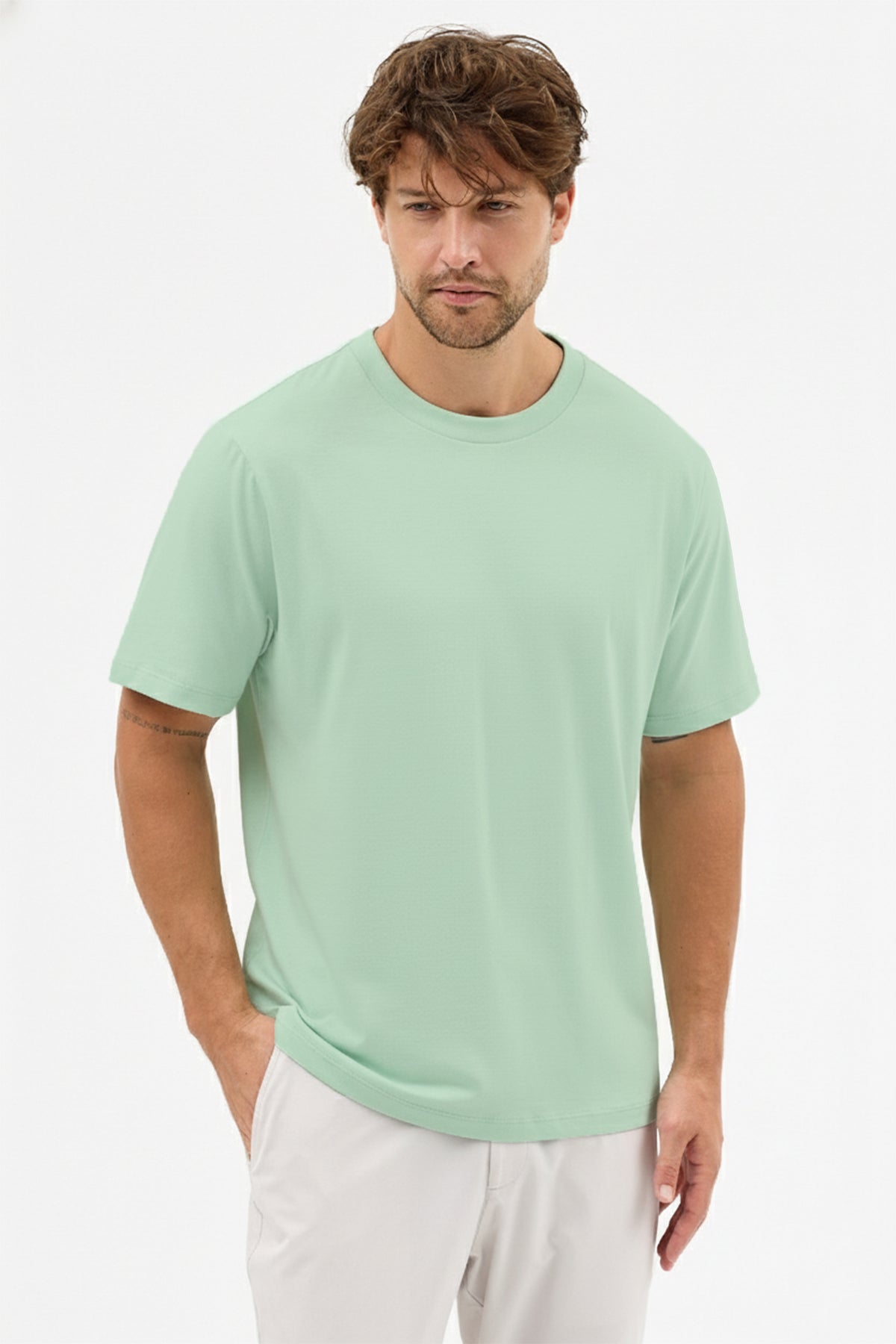 Erkek Premium Kalite Yoğun Dokulu Pamuklu T-Shirt Yeşil M101-R0220-07