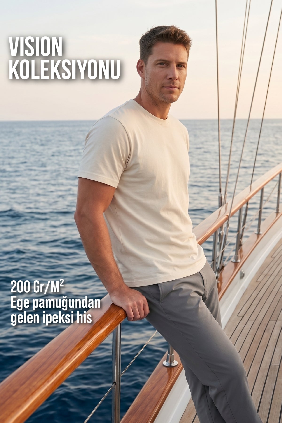 Herren T-Shirt aus Baumwolle, Premium-Qualität, mit dicht gewebter Struktur, Ecru M101-R0220-09