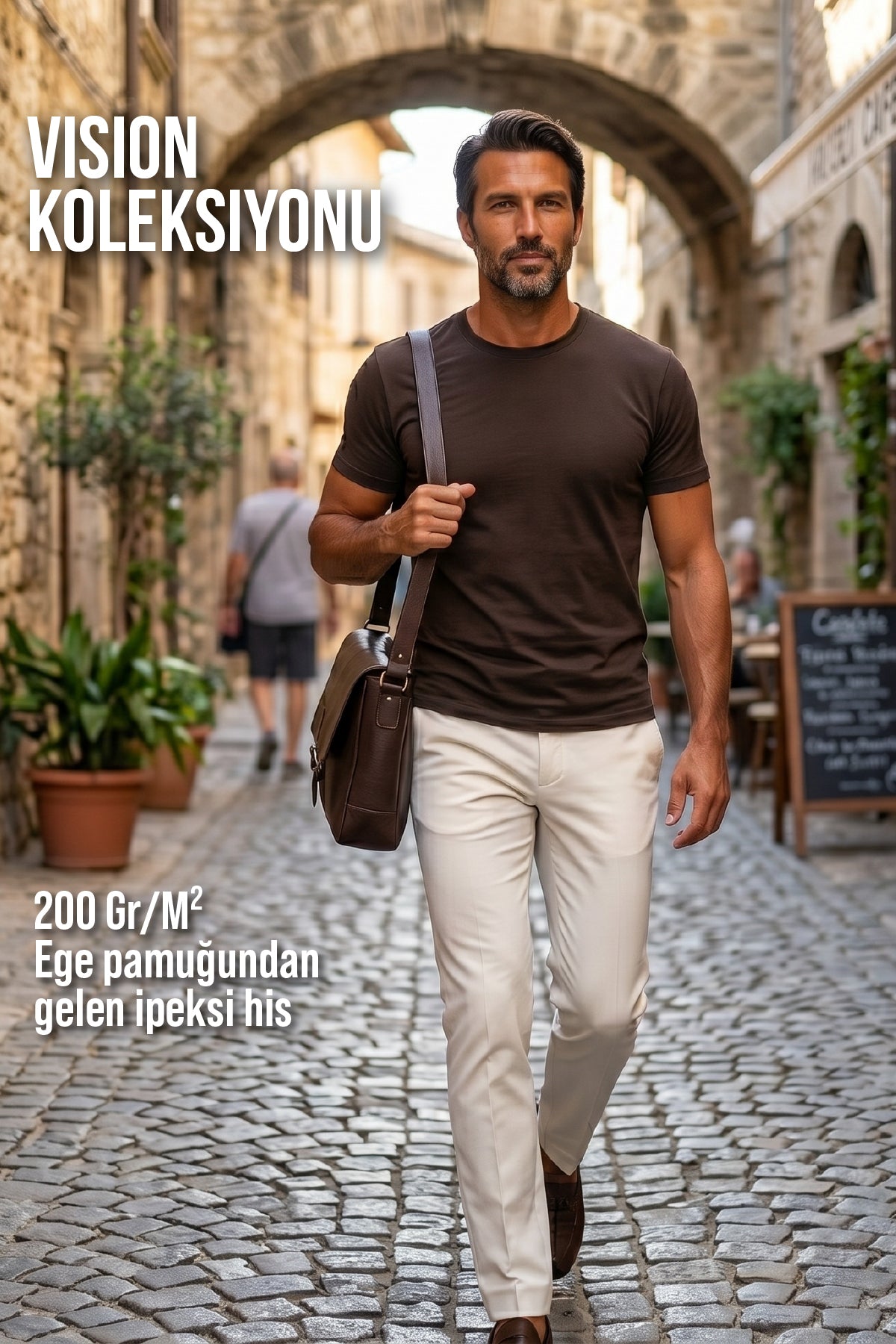 Goffra Erkek Vision Premium Kalite Yoğun Dokulu Pamuklu T-Shirt Kahverengi, yakın çekim