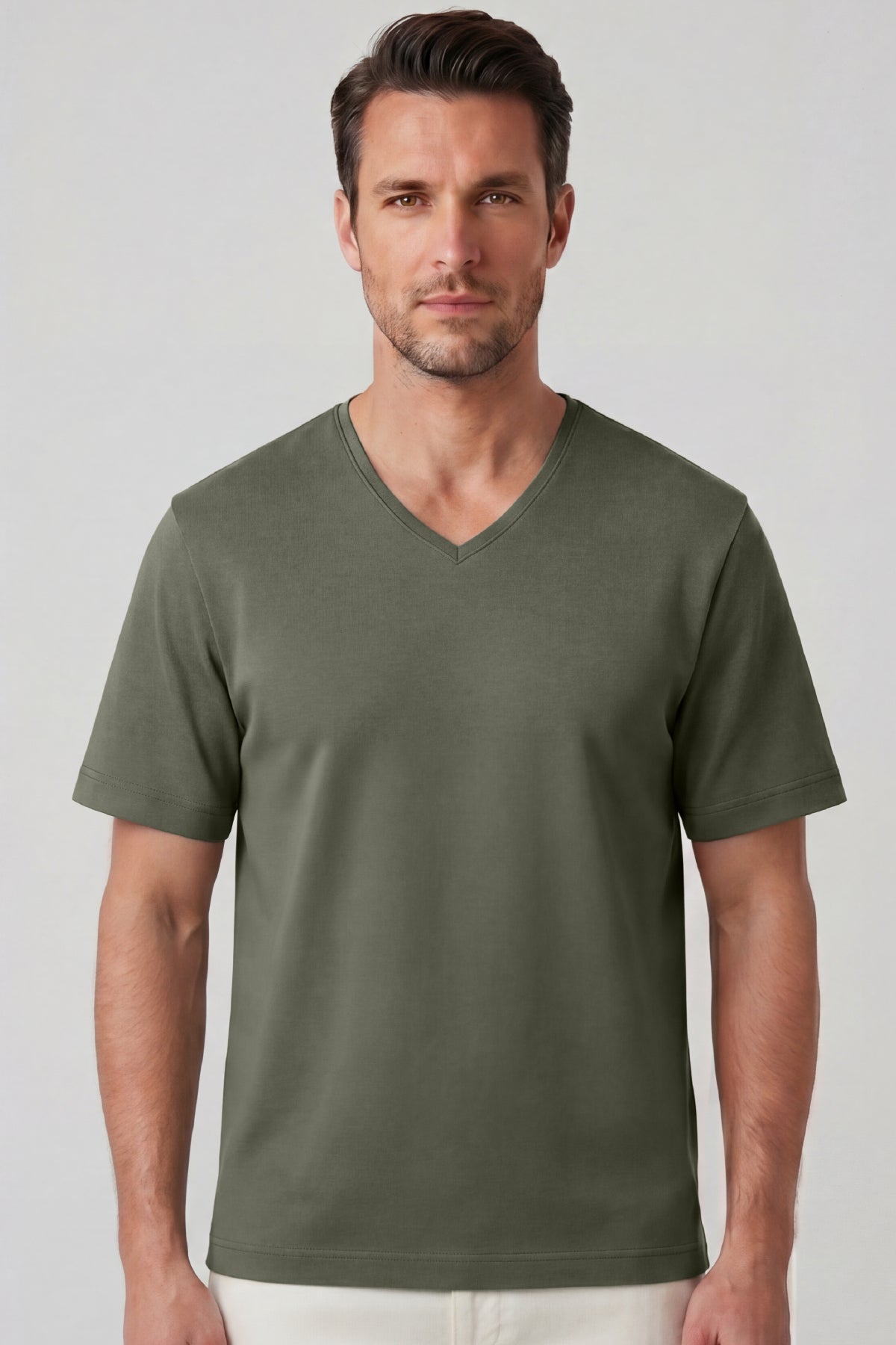 Erkek Vision V Yaka Premium Kalite Yoğun Dokulu Pamuklu T-Shirt Haki M102-R0220-06
