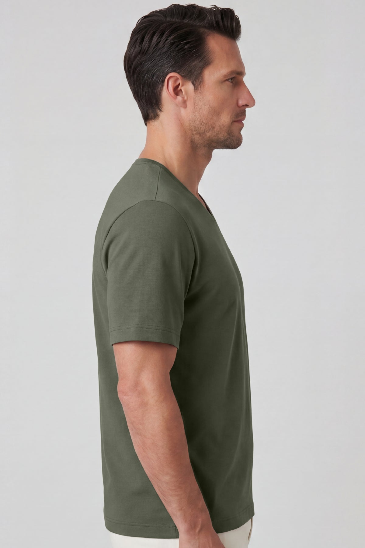 Erkek Vision V Yaka Premium Kalite Yoğun Dokulu Pamuklu T-Shirt Haki M102-R0220-06