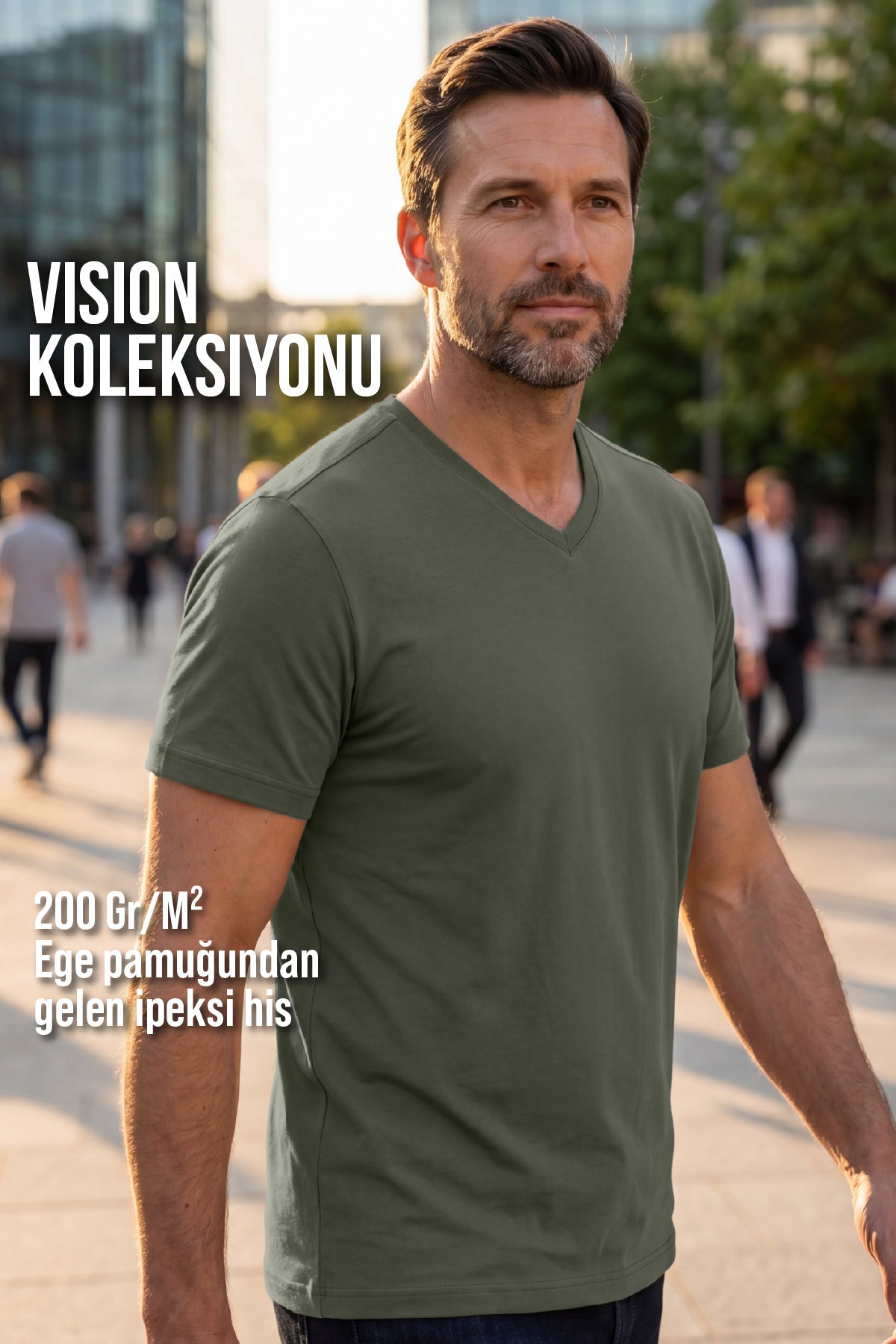 Erkek Vision V Yaka Premium Kalite Yoğun Dokulu Pamuklu T-Shirt Haki M102-R0220-06
