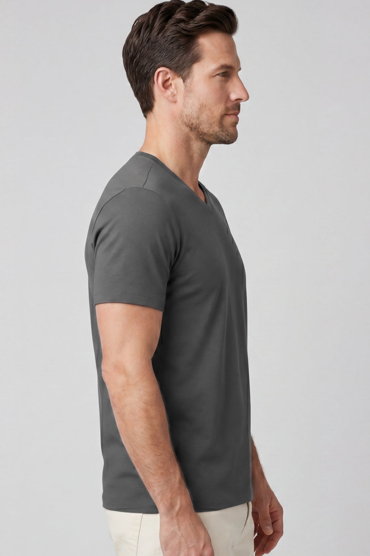 Erkek Vision V Yaka Premium Kalite Yoğun Dokulu Pamuklu T-Shirt Koyu Gri M102-R0220-05