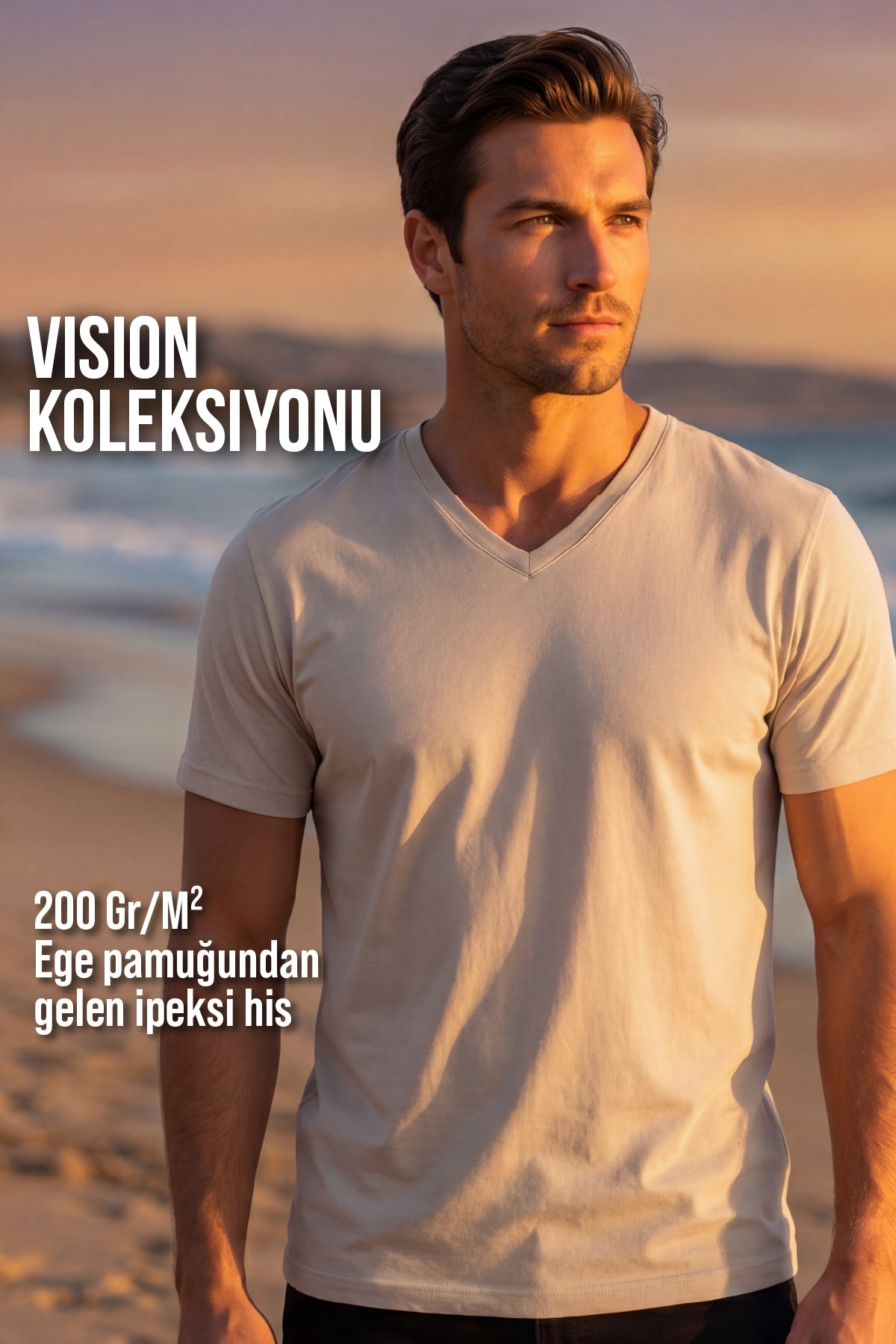 Erkek Vision V Yaka Premium Kalite Yoğun Dokulu Pamuklu T-Shirt Krem M102-R0220-02