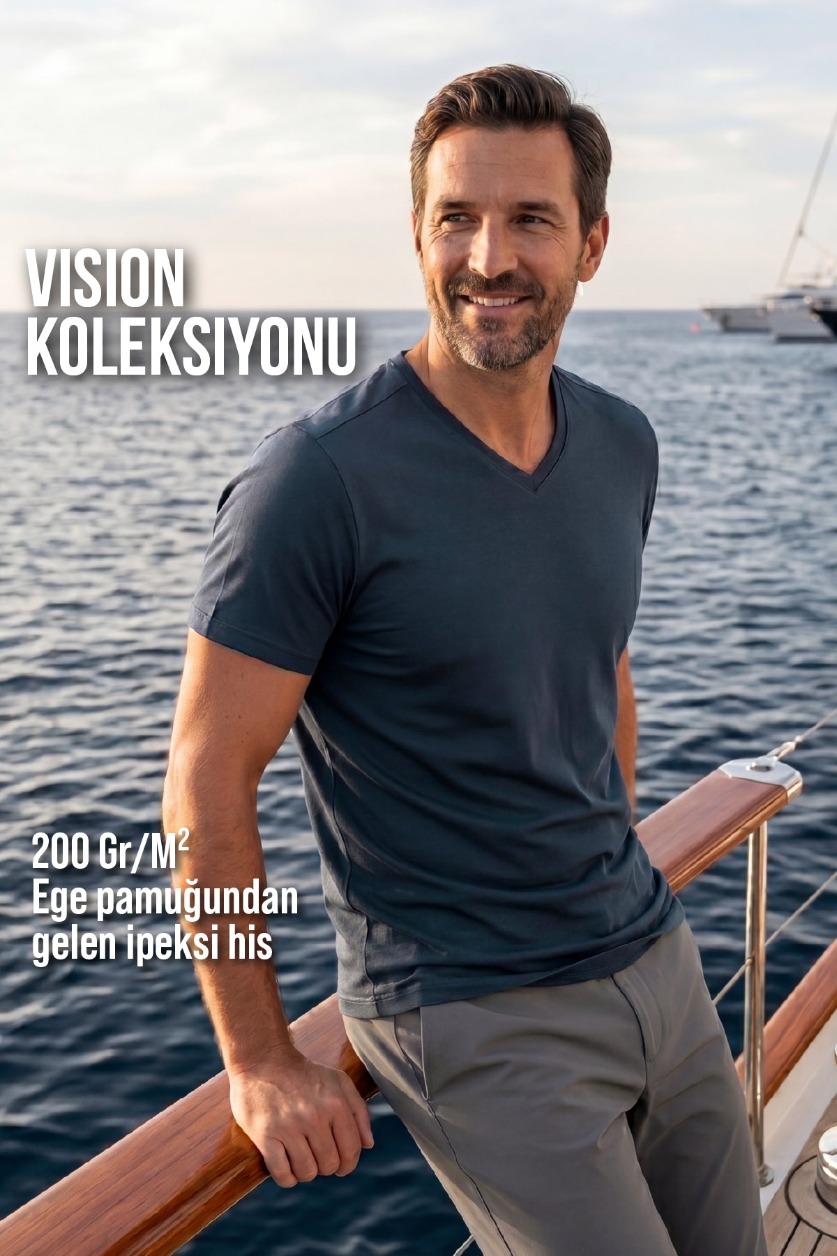 Erkek Vision V Yaka Premium Kalite Yoğun Dokulu Pamuklu T-Shirt Lacivert M102-R0220-07