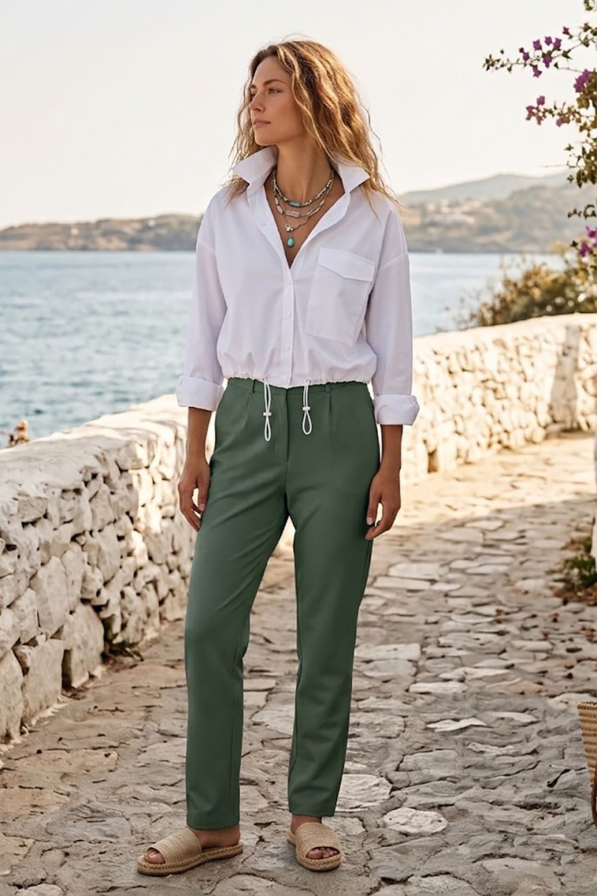 Kadın Flexon Ultra Esnek Relaxed Beli Lastikli Jogger Pantolon Haki W702-R0433-04