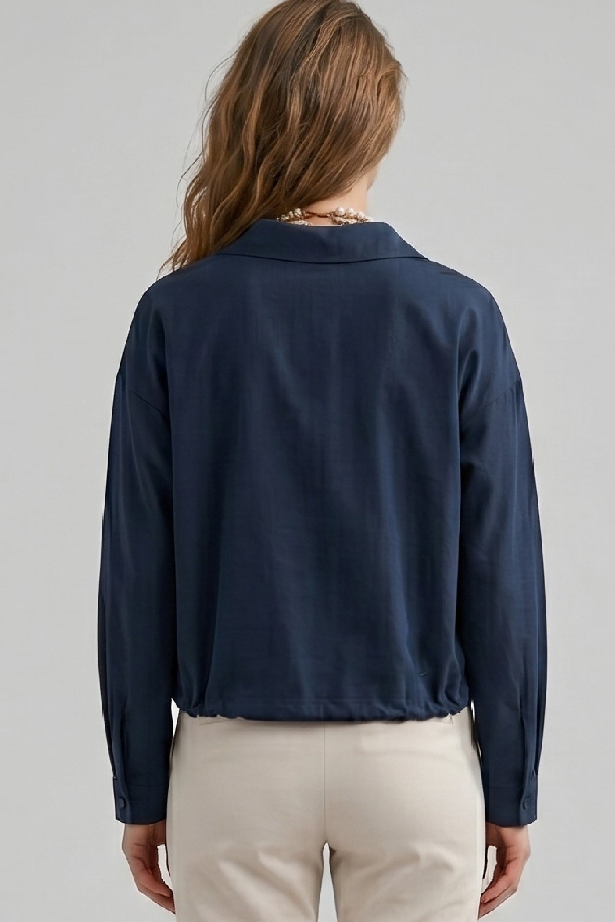 Damen-Hemd mit Druckknöpfen, verstellbarer Taille, schicker bequemer Schnitt, Marineblau W201-K0304-02