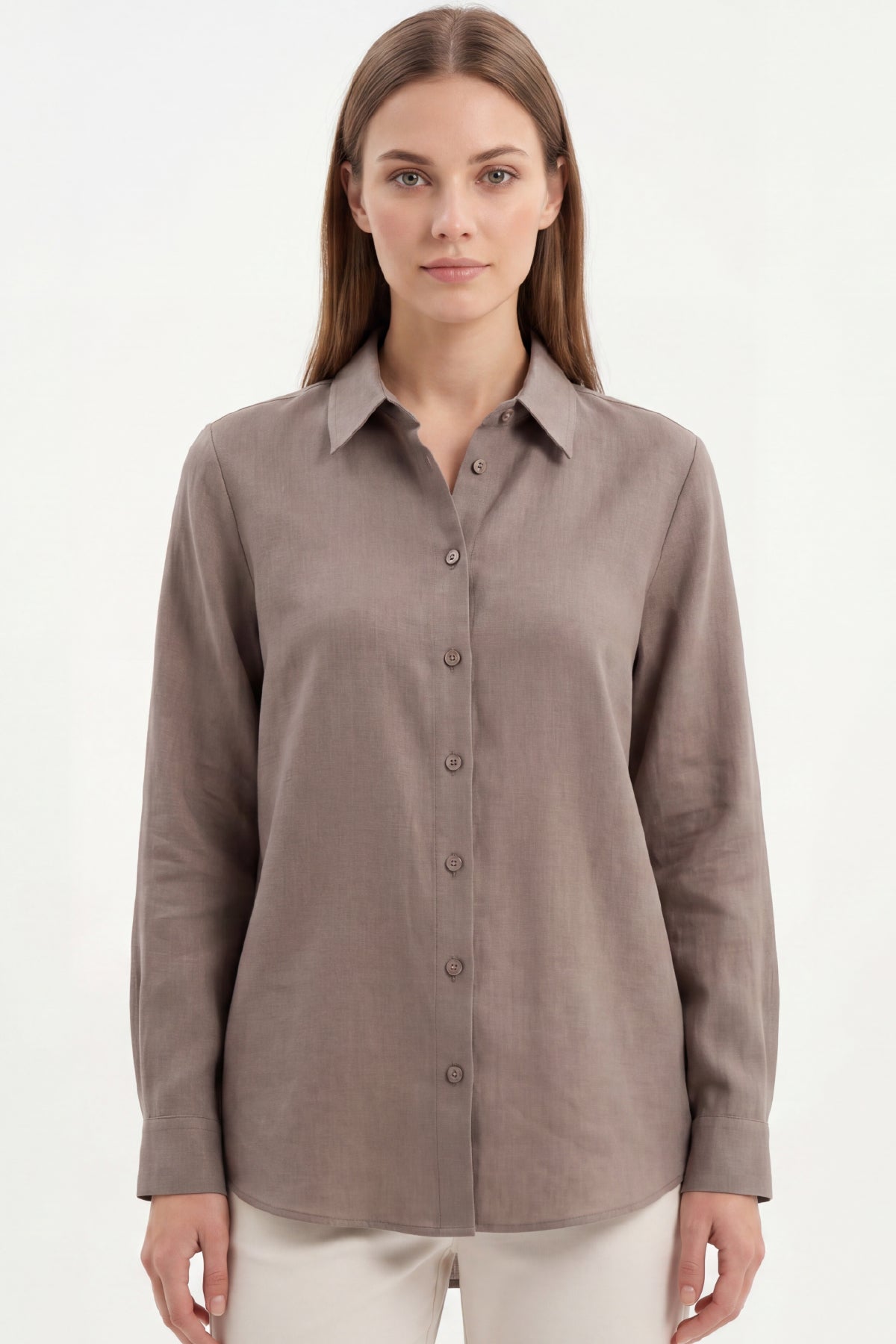 Kadın Gia %100 Doğal Keten Gömlek - Klasik Yaka Basic Minimalist Tasarım Kahverengi W207-K0401-02