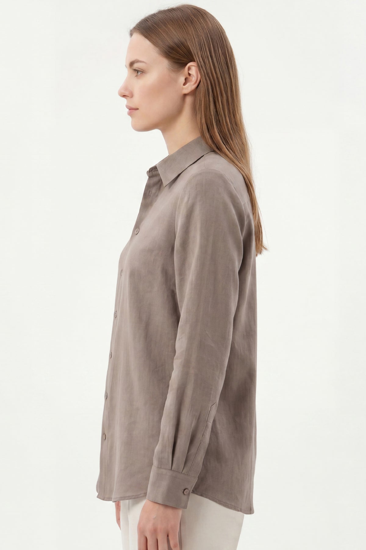 Kadın Gia %100 Doğal Keten Gömlek - Klasik Yaka Basic Minimalist Tasarım Kahverengi W207-K0401-02