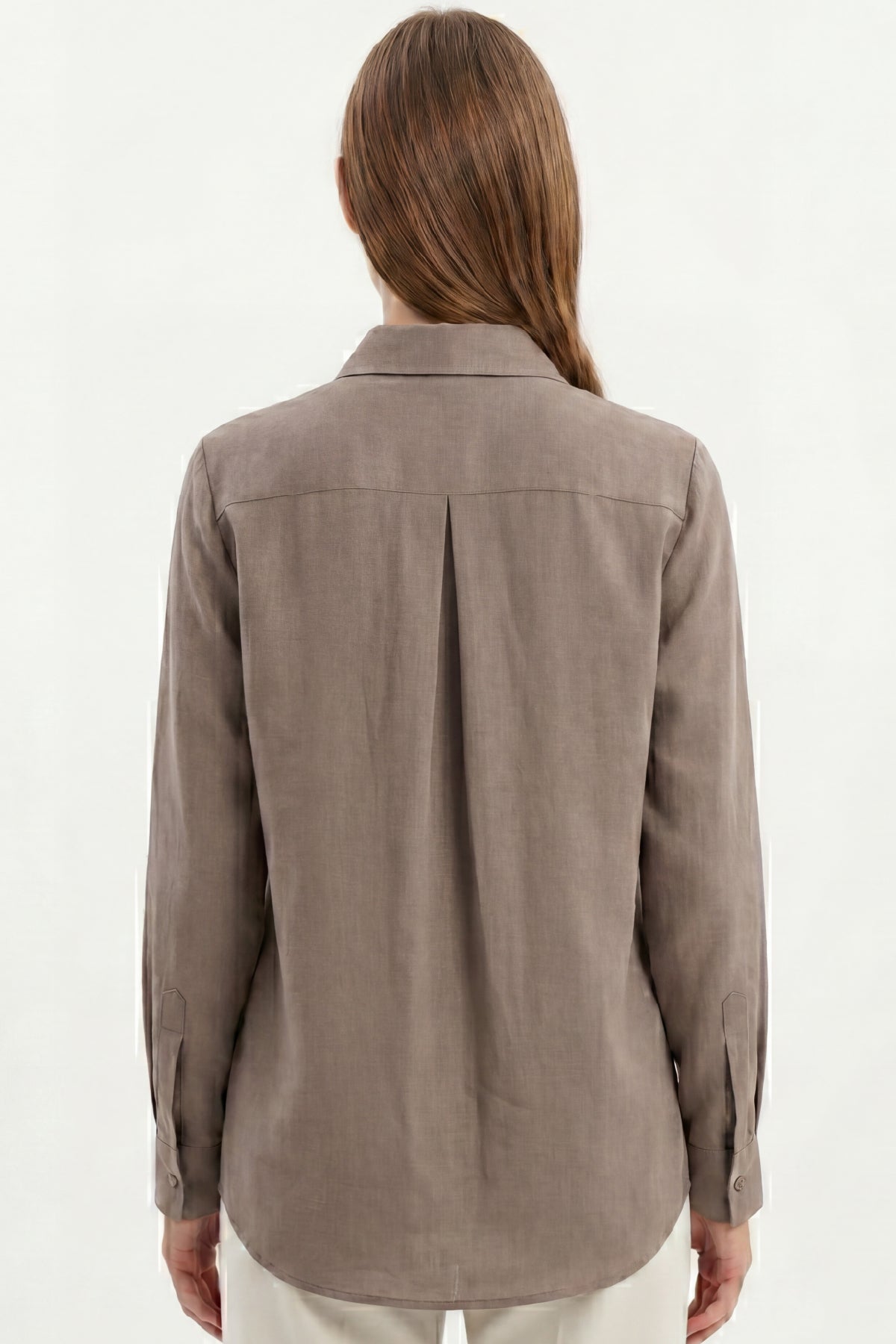 Kadın Gia %100 Doğal Keten Gömlek - Klasik Yaka Basic Minimalist Tasarım Kahverengi W207-K0401-02